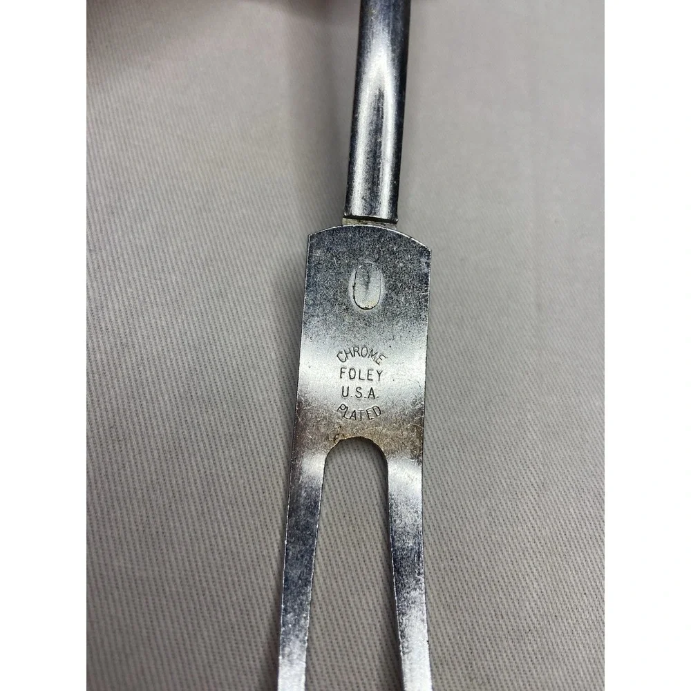 Vintage Foley USA‎ Chrome Plated Meat Carving Fork Black Handle 10.5 Inch